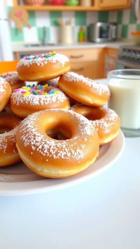 A plate of homemade donuts dusted with powdered sugar and colorful sprinkles, with a glass of milk.